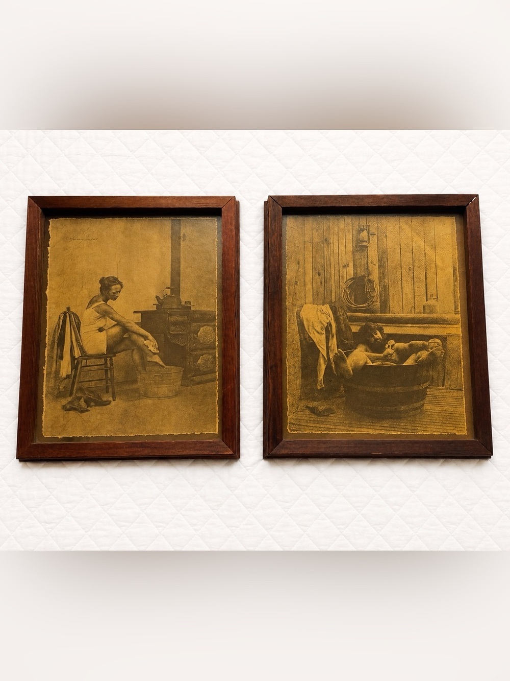 Vintage R. Hendrickson Framed Sepia Print Set Bathing Scenes Wall Art Pair​